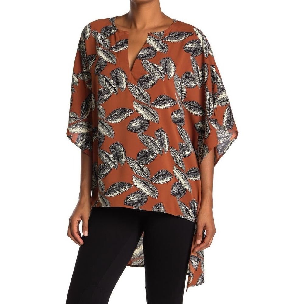 PATRIZIA LUCA  Print Kaftan‎ Tunic Top Rust Orange Oversized S/M Feathered Print